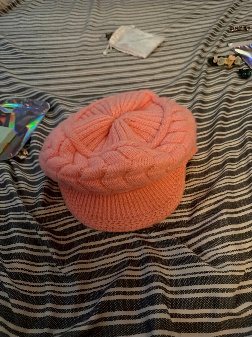 Peach Knit Cable Newsboy Cap